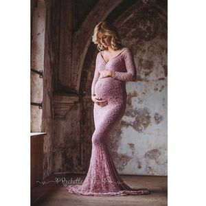 Maternity Photography Lace Mermaid Långärmad Klänning Props Graviditet Gravid Kvinnor Fotografera V-Neck Klänningar Kläder Kostym Q0713