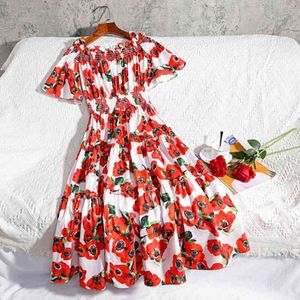 Runway Designer Flower Summer Women's Cold Cut Out Shoulder Slash Neck Red Rose Floral Print Sundress Party Dress 210416