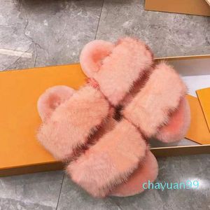 women mink slippers warm cotton slippers fashion ladies Flat Mink fur Slipper shoes with box size 35-40 2021