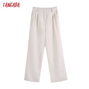 Tangada moda mulheres elegante bege terno calças calças bolsos botões de escritório senhora calças pantalon be707 210609