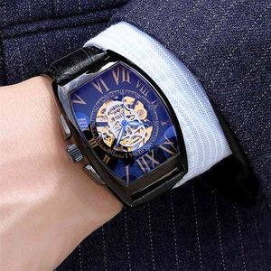 黒い長方形ファッション高級トップブランドウォッチの男性自動機械的骨格男性ギフト時計レザー腕時計210707