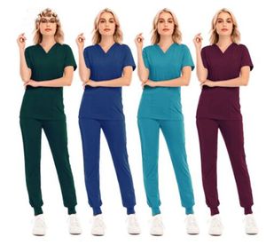 Dames tweedelige broek Dames Solid Color Spa Thread Hospital Clinic Doctor Work Suits Tops Pants Unisex Scrub Pet Nursing Uniform