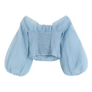 Корейский шик стиль повседневные моды одно плечо взбитые фонарика рукав синий шифоновая рубашка блузка женщины лето 16w10660 210510