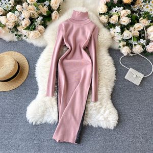 Mulheres Turtleneck malha vestido brilhante lurex macio quente elástico manga longa vestido outono inverno coreano fino bainha vestido 210419