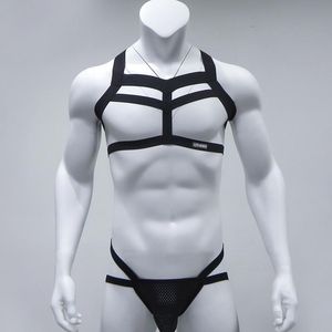 Conjunto de sutiã masculino conjunto de lingerie sexy de duas peças roupa íntima fantasia erótica ombro peito peito cinto tiras top curto com bojo bolsa tangas