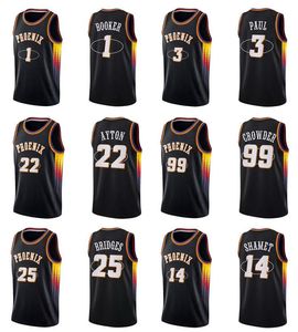 Jersey de basquete Chris Paul # 3 Devin Booker # 1 Ayton # 22 Pontes # 25 Crowder # 99 Shamet # 14 Phoenixcity camisas negras juventude s-xxl em estoque