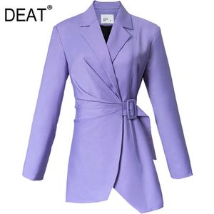 DEAT Woman Blazer Coat Purple Solid Belt Asymmetry Notched Collar Long Sleeve Slim Elegant Casual Style Autumn 15XF488 210930