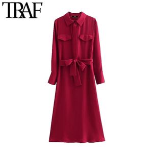 Women Chic Fashion With Belt Button-up Midi Shirt Dress Vintage Long Sleeve Side Slit Female Dresses Mujer 210507