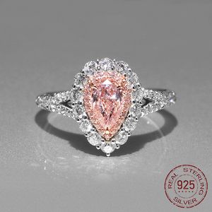 Original Pure Silver 925 Ring Pear Shape Pink Crystal Zircon Water Drop for Women Fashion Jewelry Gift J-249