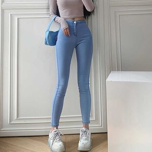 WOMENGAGA Hohe Taille Hüfte Heben Jeans für Frauen Slim Light Bottom Elastische Enge Leggings Herbst Bleistift Hosen EP9 210603