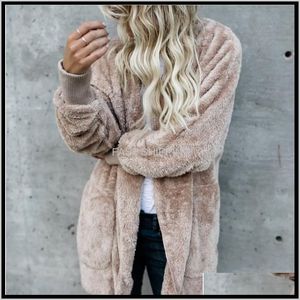 Kvinnors Fur Faux Apparel Womens Jackor Ytterkläder Vinter Hooded Velvet Coats Pocket Design Loose Women Clothing War Jsa7D