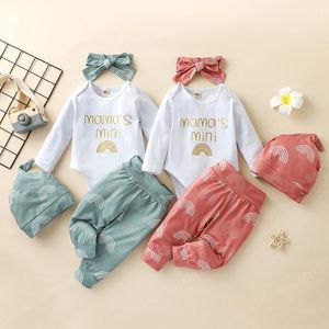 子供服セット女の子の衣装幼児幼児レインボープリントレタートップス+パンツ+弓ヘッドバンド+帽子4pcs /セット春秋ファッションベビー服