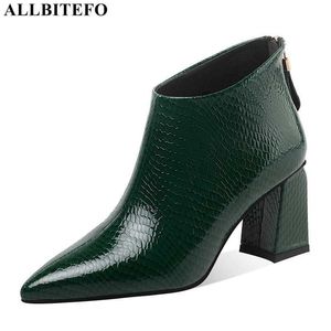 ALLBITEFO size 34-41 pointed toe genuine leather women boots fashion winter high heel shoes women's ankle boots motocycle boots 210611