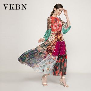 VKBN 여름 드레스 여성 캐주얼 플레어 슬리브 O 넥 - 넥 플로랄 인쇄 패치 워크 저녁 맥시 드레스 의류 여성을위한 210507