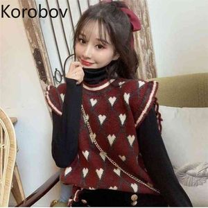 Korobov Korean Women Sleeveless Sweaters Vintage Love Kawaii Sweet Jumper Femme Autumn Outwear Sueter Mujer Knitwear Tops 210430
