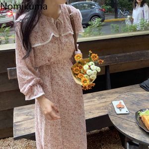 Nomikuma Korean Floral Chiffon Women Dress Sailor Collar Flare Sleeve Slim Waist Dresses Spring New Elegant Vestidos 6E871 210427