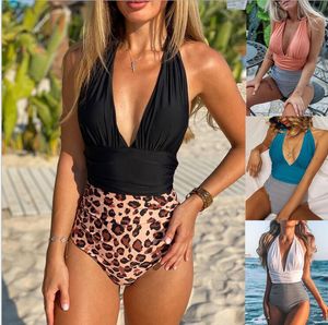 Kobieta Sexy Swimwear One-Backless Patchwork Plisowane Damskie Bikini Leopard Print Wzór Swimsuit Lato Plażowe ubrania WMQ852