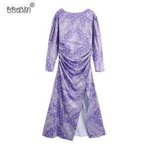 Women Chic Fashion Paisley Print Ruched Dress Vintage Long Sleeve Back Zipper Side Open Dresses Vestidos Mujer 210520