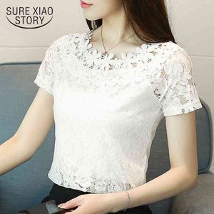 Blusas Sommar Kortärmad Snören Kvinnor Skjorta Blus Fashion Hollow Lace Kläder Sötvita Kvinnor Toppar Koreansk stil 210527