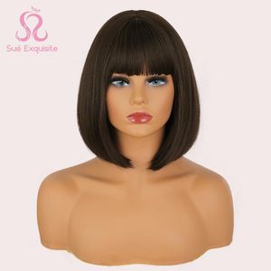 Synthetic Wigs SUe EXQUISITE For Women Short Bob Wig With Bangs Black Red Blonde Pink Lolita Cosplay Party Natural Hair