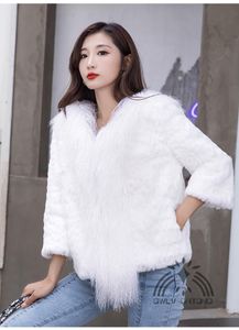 Women's Fur & Faux Luxurious Genuine Real Natural Coat With Lamb Collar 3/4 Sleeve Girl's Fashion Short Style Jacket