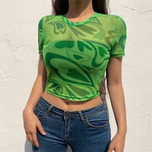 Grön kawaii hjärta tryckt se genom mesh sommar koreanska mode kort ärm Kvinnors T-shirt för tjejer söt Y2K Crop Top 210510