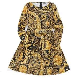Kadınlar Altın Vintage Barok Baskı Elbise O-Boyun Uzun Kollu İmparatorluğu Mini Zarif Sarı D2529 210514