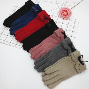 Fingerless Gloves Autumn And Winter Women Wool Touch Screen Cashmere Dotted Embroidery Leather Bow Full Finger Warm