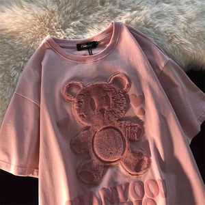 사랑 곰 3D 프린트 반팔 티셔츠 봄 여름 특대 느슨한 그래픽 티 카와이 소녀 옷 여자 tshirt 210623