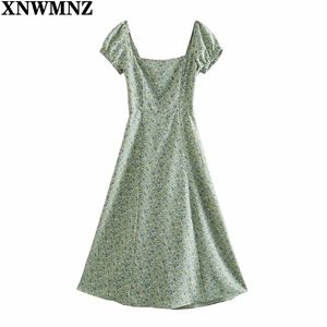 Grön Floral Split Lång Klänning Kvinnor Hög midja Slim Frech Style Square Collar Dresses Holiday Summer Women's Dress 210520