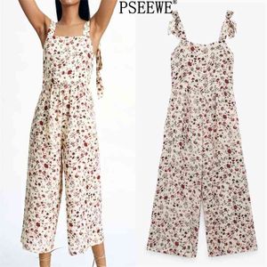 Floral Impressão Fêmea Jumpsuit Moda Bolso Largo Perna Jumpsuits Mulheres Casual Cintas de Verão Backless Mulher Macacão 210519