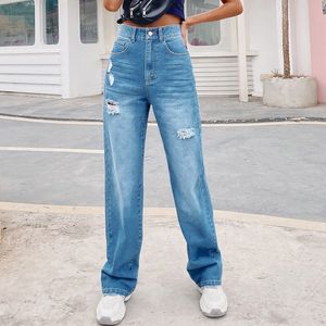 Fashion casual loose high waist Jeans for women mopping hole denim trousers woman blue denim pants Full Length baggy jeans 210514