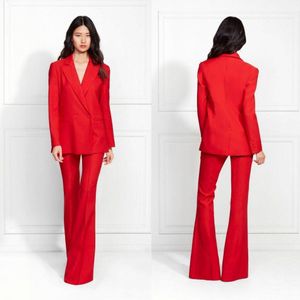 Elegant Women Red Formal Suits Evening Dresses Satin Two Piece Jacket And Pants Prom Dress V Neck Long Sleeve Special Occasion Gowns 2021