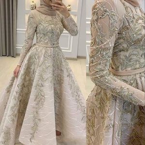 2022 ASO EBI Arabski Muzułmanin Kryształ Zroszony Koronki Prom Dresses Szampana Długie Rękawy Suknia Balowa Suknia Wieczorna Rocznika Formalna Party Druga Recepcja Suknie