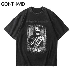 Gonthwid Streetwear Afligido camisetas Hip Hop Esqueleto Crânio Manga Curta T-shirts Punk Rock Gothic Tees Shirts Harajuku Tops 210629