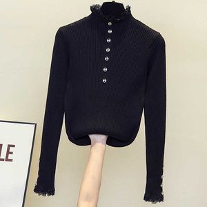 Połowa Turtleneck Sweter Kobiety Jesień Spring Kaszmirowy Przyciski Sweter Swetry Swetry Kobiet Dzianiny Sweter White 210604