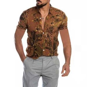 Hawajskie koszule dla mężczyzn Liść Drukowana Baggy Bluzka Mężczyzna Koreański Casual Beach Wakacje Koszula 210527