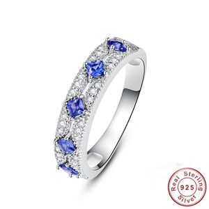 Cluster ringar äkta 100% 925 Sterling Silver Blue Sapphire Anniversary Wedding Bridal Finger Fine Gift Märke Smycken