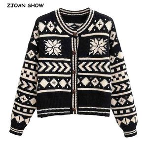 Etnik Kadınlar Kontrast Renk Geometrik Ekose Tek Göğüslü Düğme Hırka Vintage Kazak Uzun Kollu Gevşek Jumper Streetwear 210429