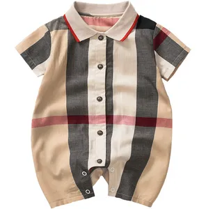 Baby Rutig Romper Småbarn Barn Rutigt Lapel Enkelknäppta Kortärmade Jumpsuits Designer Spädbarn Onesie Newborn Fritidskläder