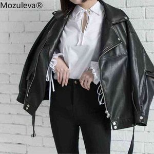 Mozuleva outono retro macio faux couro pu jaqueta mulheres solta punk casaco feminino v pescoço moto motom biker rivet zipper street overcoat 211118