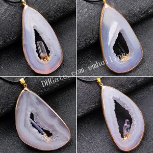 Natural Gemstone Druzy Drufo Quartzo oco Ágate Geode Slice Colar com Ametista Clear Crystal Preto Turmalina Ponto Kyanite Banhado A Ouro Irregular