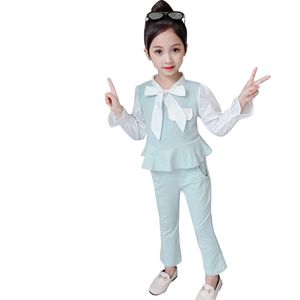 Barnkläder Patchwork Jacka Byxor Suit för Girls Flare Sleeve Girl Spring Autumn Mode Barn 210527