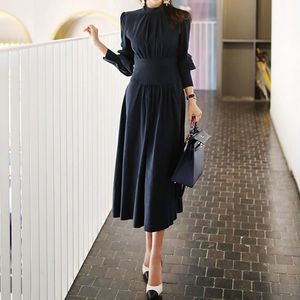 Autumn Korean Office Lady Female Vintage Elegant OL Work Wear Stand Collar Long Puff Sleeve Navy Blue Midi Dress 210416