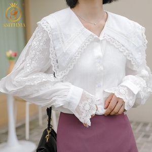 Women Spring And Autumn Blouse Shirts Lace Embroidery Flowers Long Sleeve Korean Style Elegant Lady Wild Tops 210520