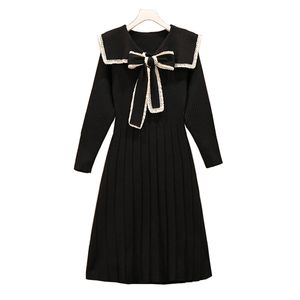 Siyah Kırmızı Yay Sailor Yaka Uzun Kollu Örme A-Line Diz Boyu Elbise Sonbahar Şık Zarif D3052 210514