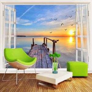 Costume 3d janela janela vista mar natureza paisagem mural sala de estar sofá tv backdrop wallpapers home decor moderno