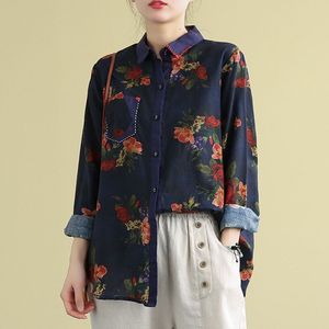 Johnature Autunno Retro Stampa Ricamo Colletto rovesciato Camicia a maniche lunghe Moda Allentato Per il tempo libero All-match Donna Top 210521