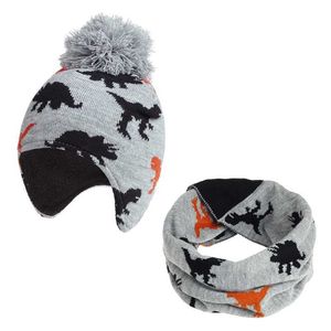 Çocuk Erkek Kız Şapka Ve Eşarp Set Kış Polar Sıcak Örgü Şapkalar Kapaklar Karikatür Dinozor Çocuk Bombacı Şapka Boyun Yüzük 2 Parça Set 210713