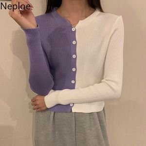 Neploe Contrast Color Sweaters for Women Knitted Cropped Cardigan O-neck Long Sleeve Slim Sueter Coat Korean Chic Tops 210422